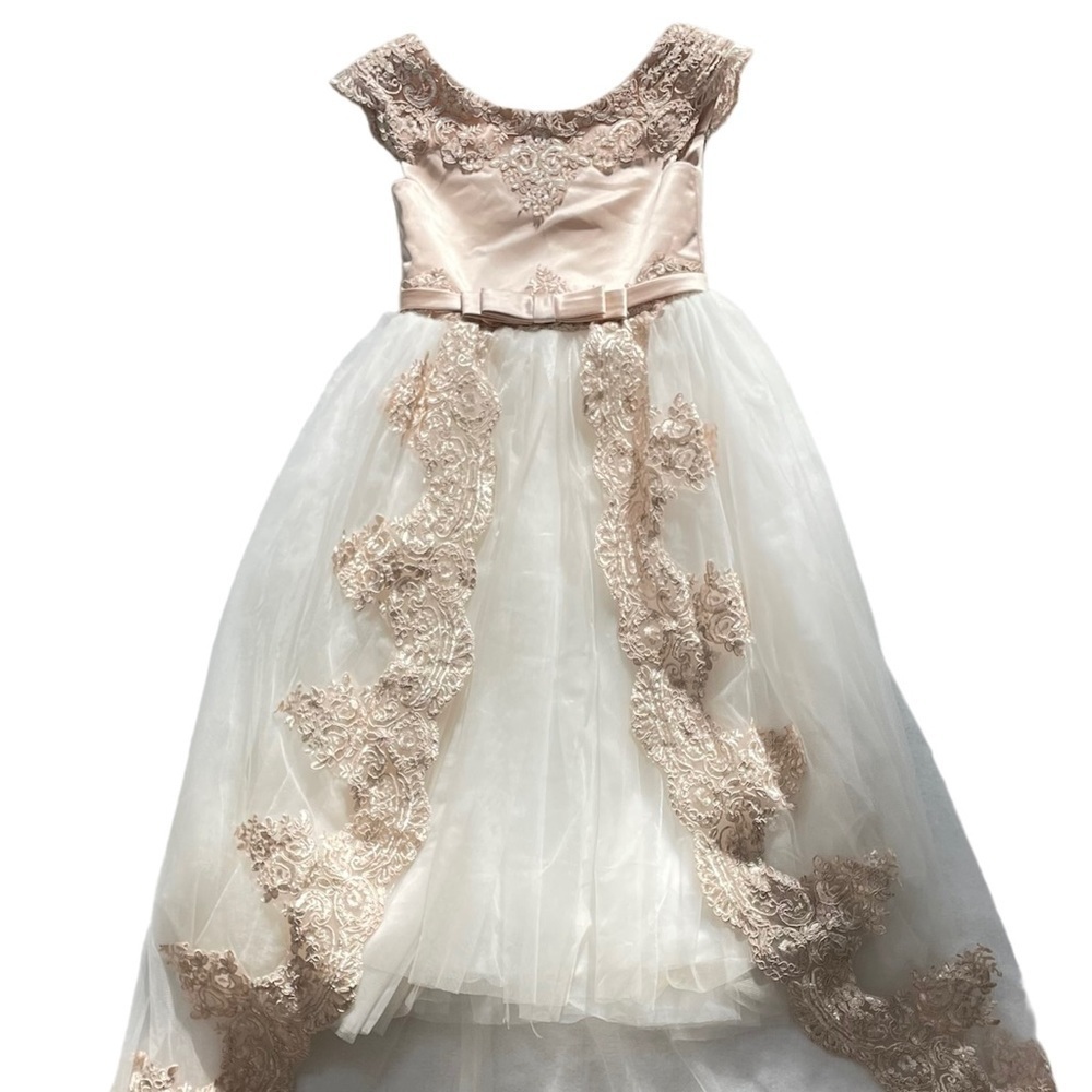 Girls satin, lace & tulle bridesmaid flower girl formal dress w/ train size 2-3 - Picture 11 of 12